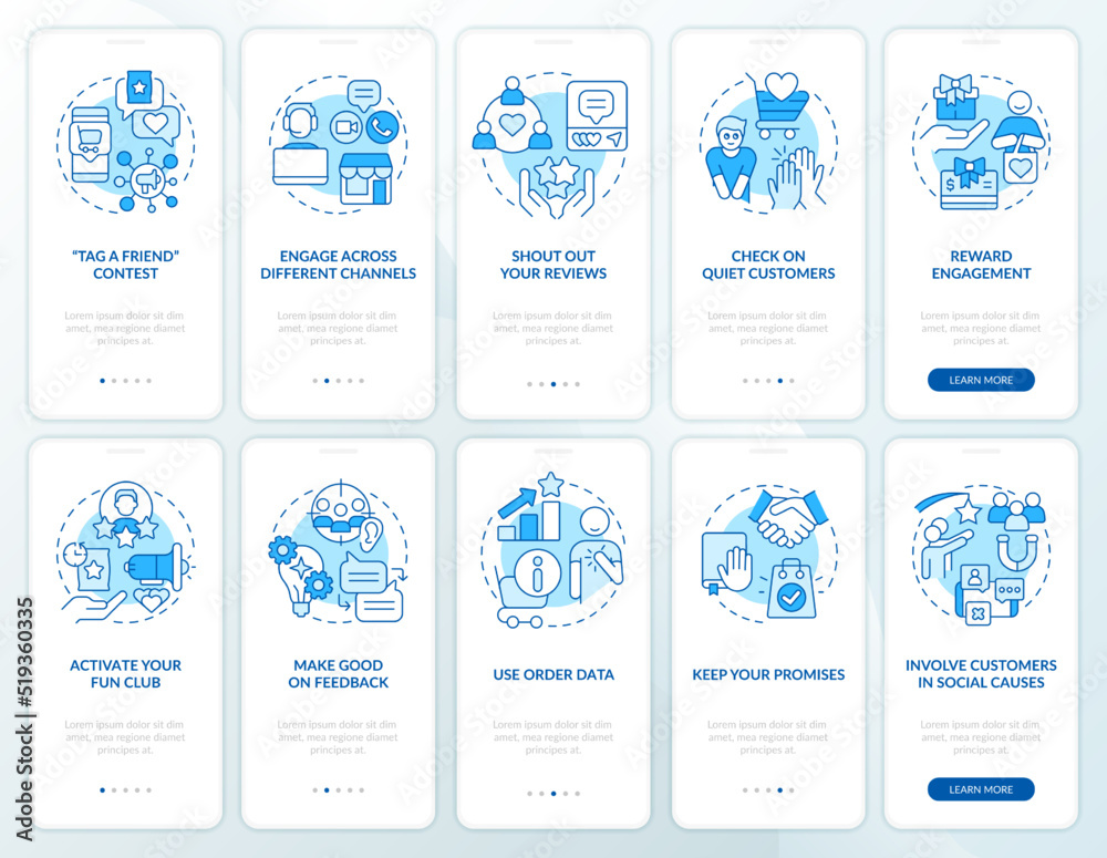Digital customer engagement blue onboarding mobile app screen set. Walkthrough 5 steps editable graphic instructions with linear concepts. UI, UX, GUI template. Myriad Pro-Bold, Regular fonts used