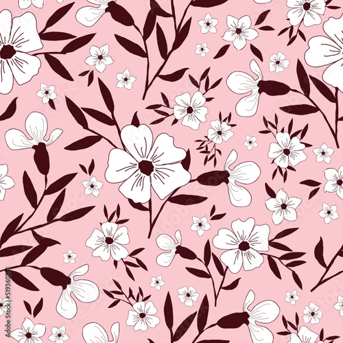 Simple vintage pattern. white flowers, burgundy leaves. light pink background. Fashionable print for textiles and wallpaper.