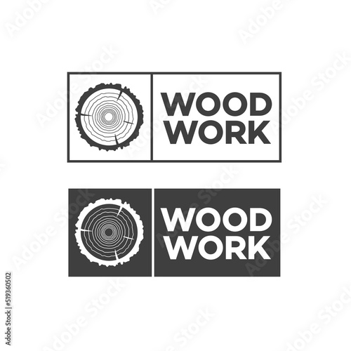 et of black woodwork label. Isolated vector tree rings background and saw cut tree trunk. Stamps, banners and design elements. Wood work and manufacture label templates. Vector illustration