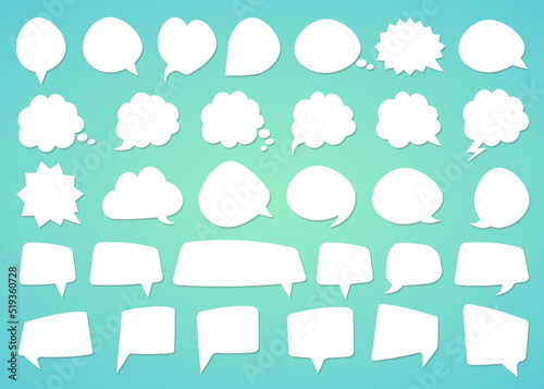 Stickers of speech bubbles with shadow set on color background. Vector Illustration