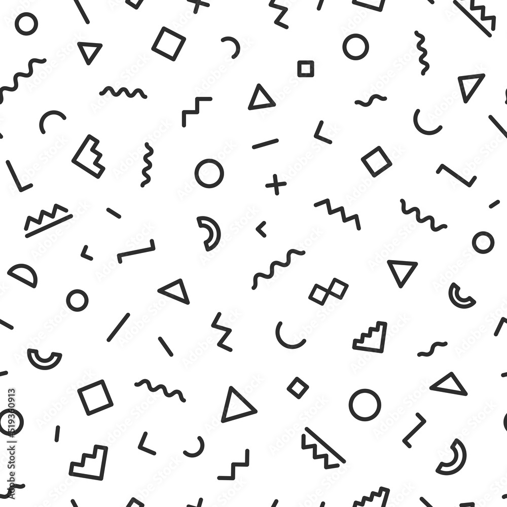 Memphis seamless pattern black color consisting of geometric shapes on white background for use on business card, banner and other. Vector Illusration