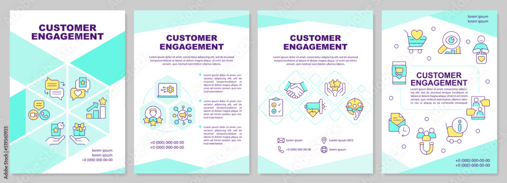 Customer engagement brochure template. Business strategies. Leaflet design with linear icons. Editable 4 vector layouts for presentation, annual reports. Arial-Black, Myriad Pro-Regular fonts used