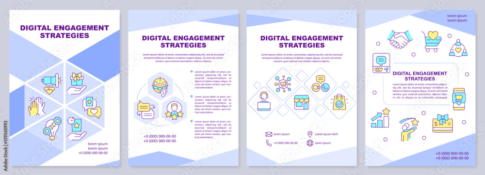 Digital engagement strategies brochure template. Leaflet design with linear icons. Editable 4 vector layouts for presentation, annual reports. Arial-Black, Myriad Pro-Regular fonts used