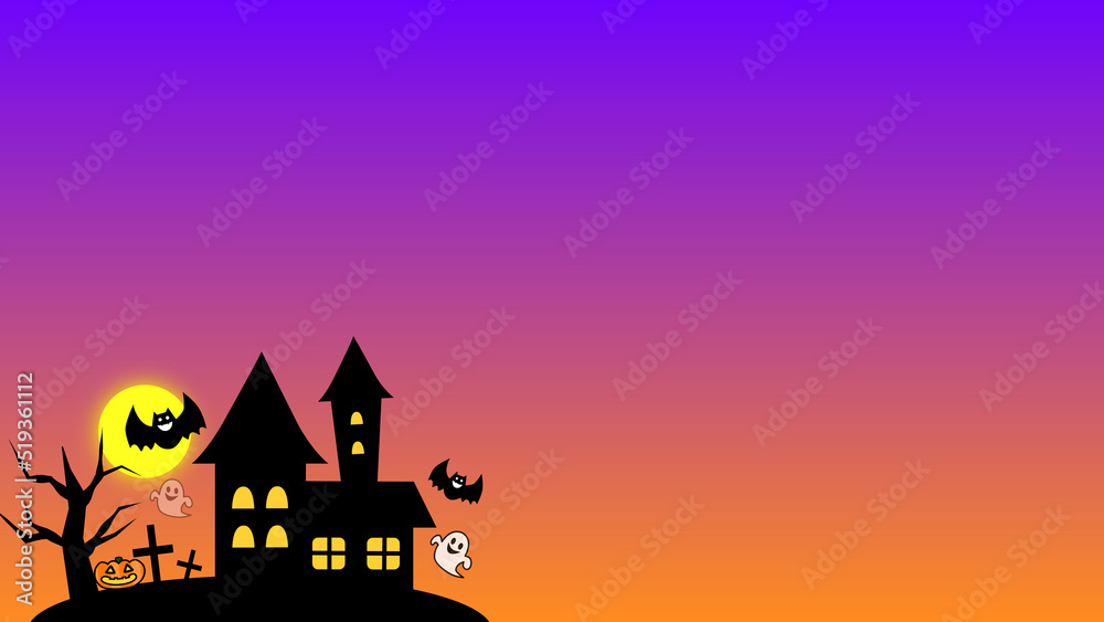 ハッピーハロウィンの背景 文字なし
 かぼちゃ　コウモリ　お城　お化け