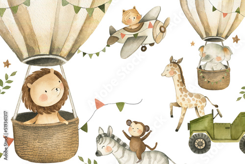 Photography Safari Animals in hot air balloons  Baby Watercolor Illustration