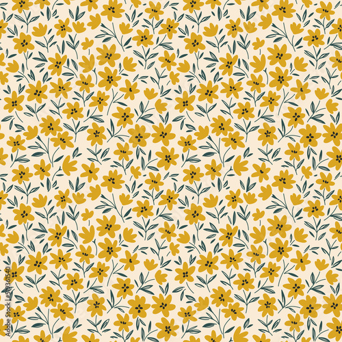 Trendy seamless vector floral pattern. Endless print made of small mustard yellow  flowers. Summer and spring motifs. Ivory white background. Stock vector illustration.