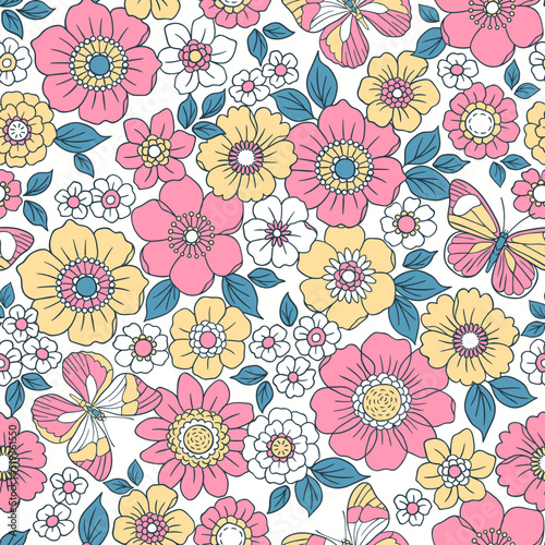 Colorful 60s -70s style retro hand drawn floral pattern. Pink and yellow flowers. Vintage seamless vector background. Hippie style  print for fabric  swimsuit  fashion prints and surface design.