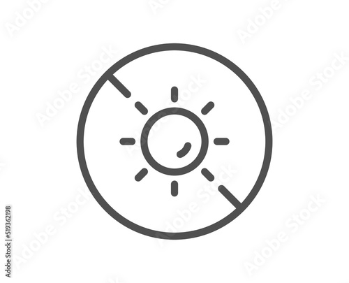 No sun line icon. Uv protect sign. Sunscreen effect symbol. Quality design element. Linear style no sun icon. Editable stroke. Vector