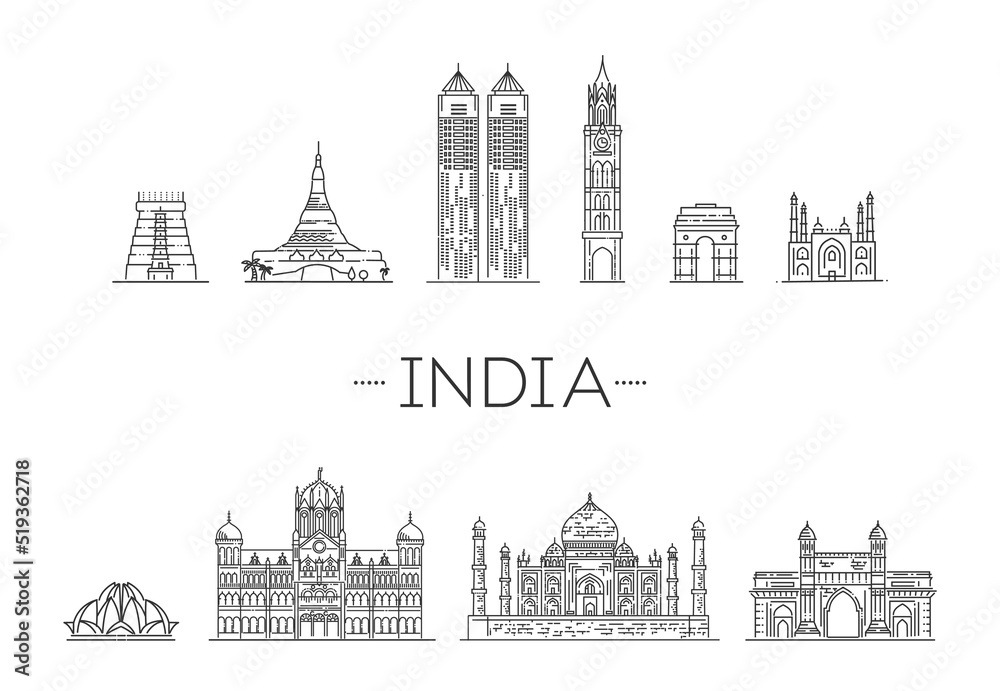 Tourist attractions of India. Vector symbols