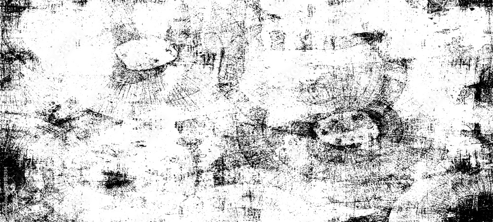 Obraz premium Monochrome texture composed of irregular graphic elements. Distressed uneven grunge background. Abstract vector illustration. Overlay for interesting effect and depth. Isolated on white background.