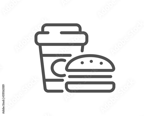Fast food line icon. Burger with drink sign. Cheeseburger symbol. Quality design element. Linear style fast food icon. Editable stroke. Vector