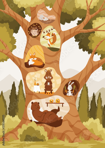 Animals inside tree hollow and holes arranging their cozy homes. Wild forest animals flat cartoon collection with bear fox owl hog squirrel rabbit mouse cartoon characters. Vector Illustration
