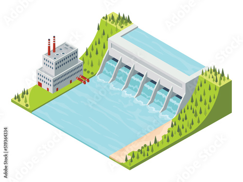 Hydro power isometric. Hydroelectric power plant. Alternative energy concept, factory electric. Water power station dam on the river. Vector illustration