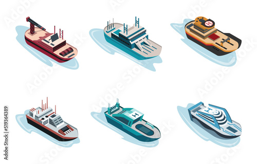 Commercial ship isometric icon set include of freight industrial boat, barge and vessel yacht ferry. 3d sea sailing business marine shipment, shipping freight ocean transportation, water transport