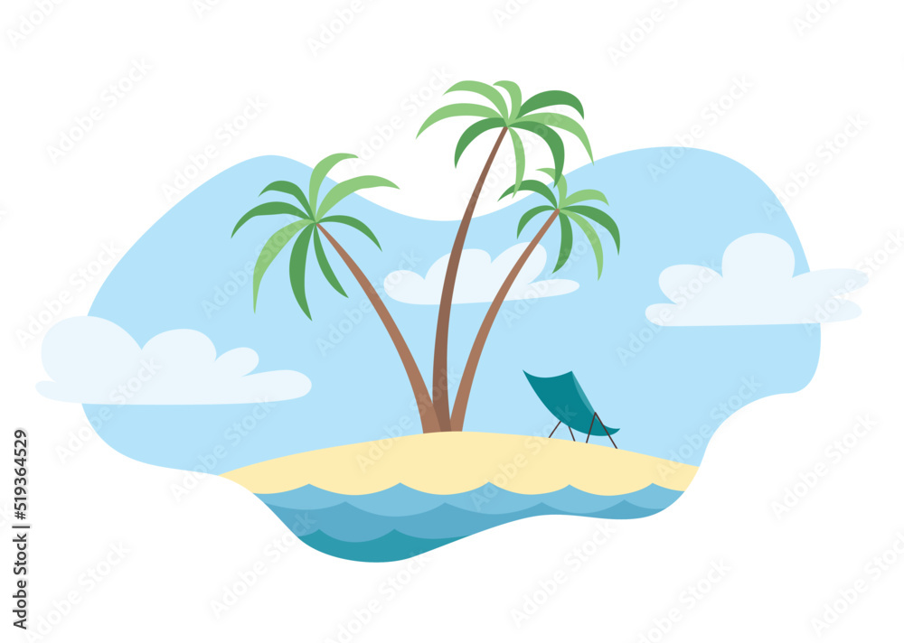 Dreaming about vacation of an ocean island. Sunny day on tropical island with palm tree. Vector illustration in flat cartoon style