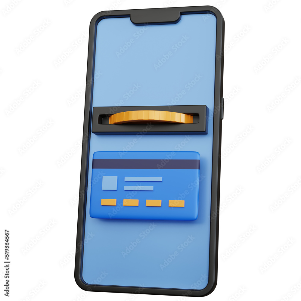 3d rendering black smartphone with credit card and coin isolated 3d rendering black smartphone with credit card and coin isolated