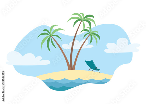 Dreaming about vacation of an ocean island. Sunny day on tropical island with palm tree. Vector illustration in flat cartoon style