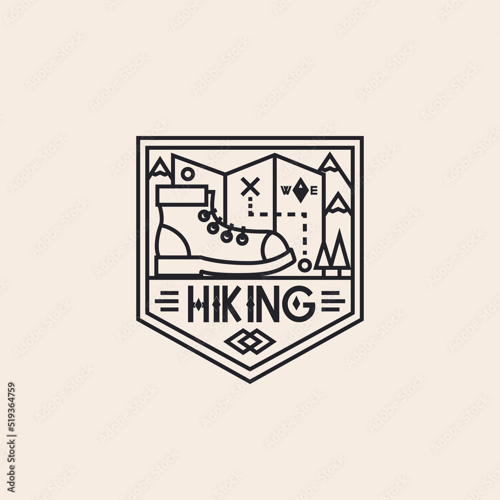Hiking logo consisting of boot, maps and landscape line style isolated on background for explore emblem, camping logotype, hiking sticker, tourist symbol, travel badge, expedition label, poster Hiking logo consisting of boot, maps and landscape line style isolated on background for explore emblem, camping logotype, hiking sticker, tourist symbol, travel badge, expedition label, poster