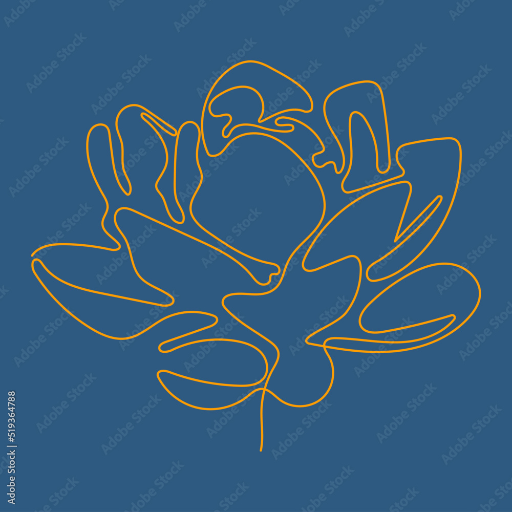 Gold vector lotus. The hand-drawn, single continuous line. One line