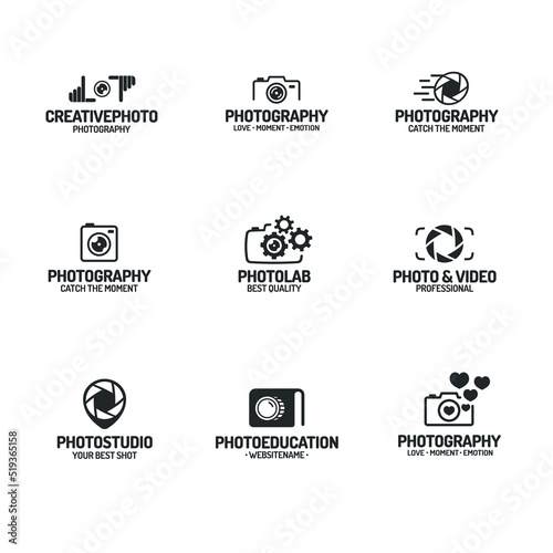 Photography logo set black color style for use photostudio, photoeducation, photoalbum, photoschool, photolaboratory, food photo, wedding etc. Vector Illustration photo