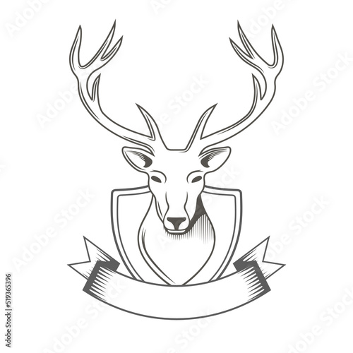 Deer with ribbon logo isolated on white background for hunter club, hunting. Vector Illustration