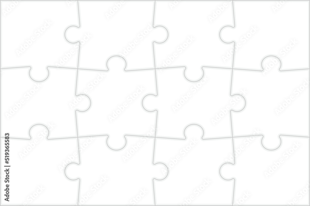 Puzzles grid blank template background. Jigsaw puzzle seamless pattern. Black contours on white. Elements connected together. Flat vector illustration. Thinking game Puzzles grid blank template background. Jigsaw puzzle seamless pattern. Black contours on white. Elements connected together. Flat vector illustration. Thinking game