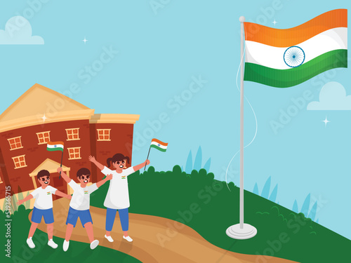 Joyful Children Indian Flag Hoisting Ceremony, School Background. Indian Independence Day Concept.