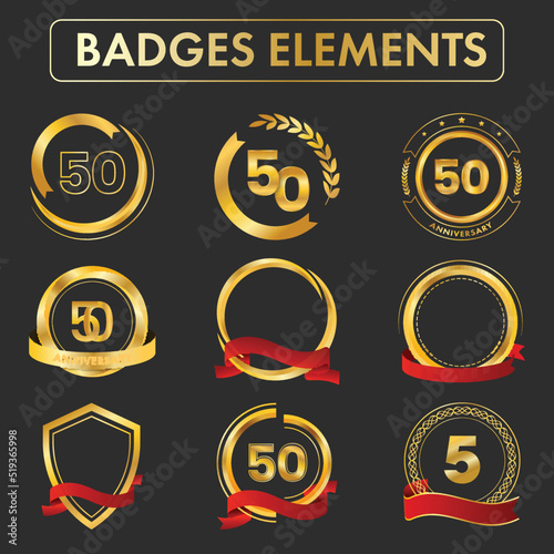 Set Of 50 Anniversary Emblem Logo, Badge Or Labels On Black Background.