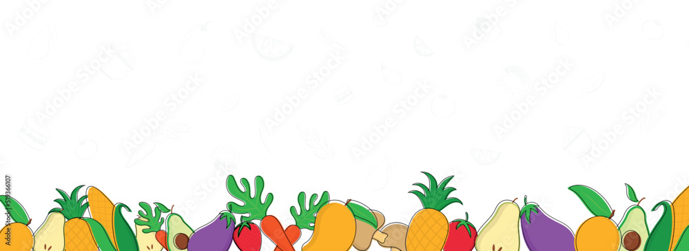 Fototapeta premium Colorful fruits and vegetables banner, doodle style.