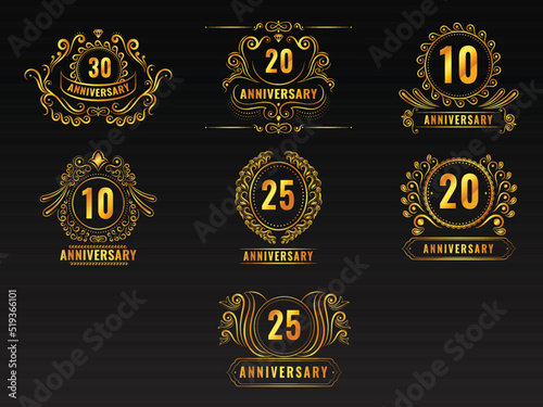 Set Of Golden Year Anniversary Emblem Logo On Black Background.