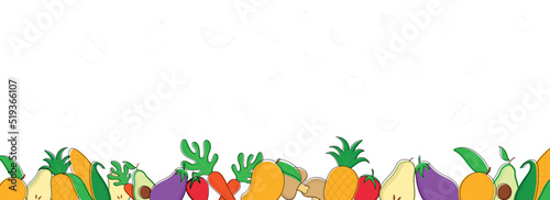 Colorful fruits and vegetables banner, doodle style.