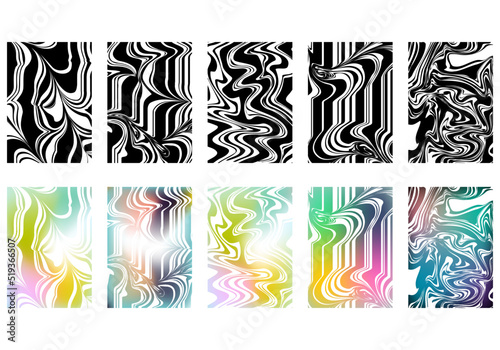 Abstract cover melted gradient stripes set. Futuristic Y2K geometric design. Collection of templates for brochures  posters  covers  notebooks  magazines  banners  flyers and cards.