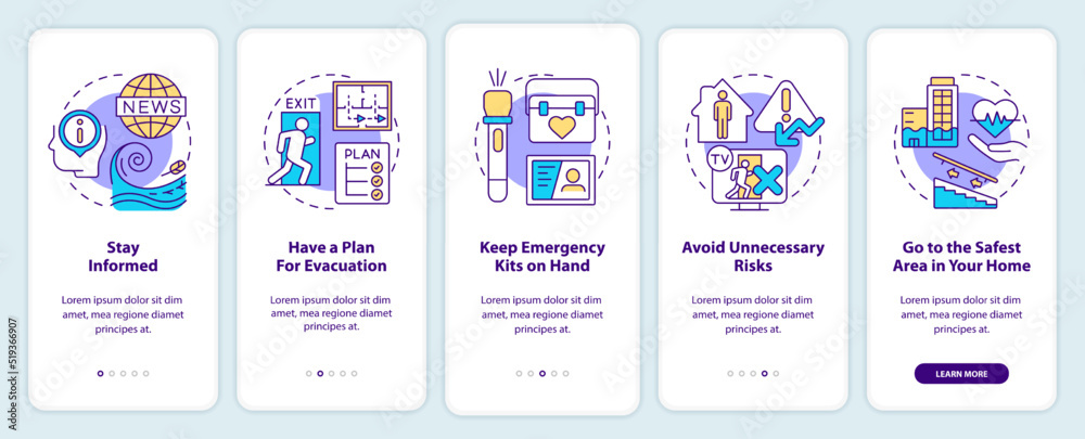 Disaster tips onboarding mobile app screen. Have plan for evacuation walkthrough 5 steps editable graphic instructions with linear concepts. UI, UX, GUI template. Myriad Pro-Bold, Regular fonts used
