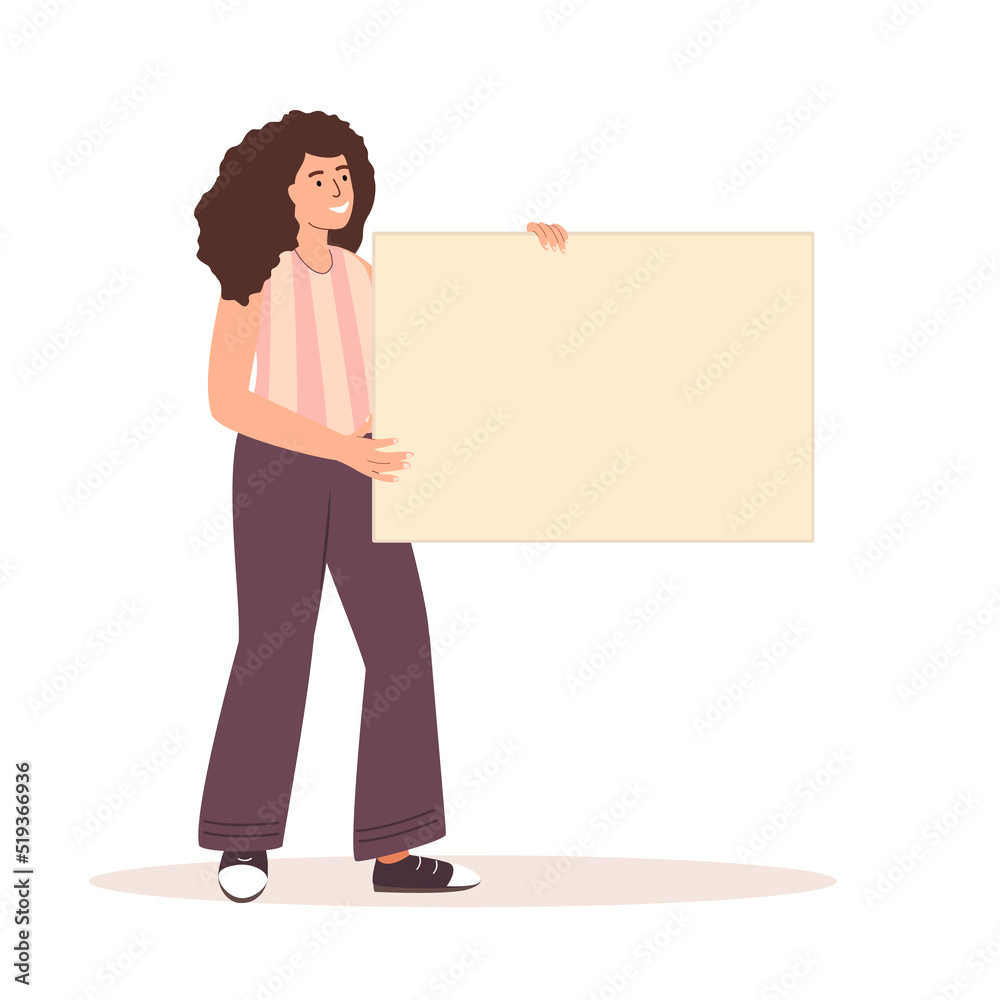 Woman holding empty paper card mockup for promo message. Happy girl showing, presenting smth on placard, blank board mock up in hand. Flat graphic vector illustration isolated on white background Woman holding empty paper card mockup for promo message. Happy girl showing, presenting smth on placard, blank board mock up in hand. Flat graphic vector illustration isolated on white background