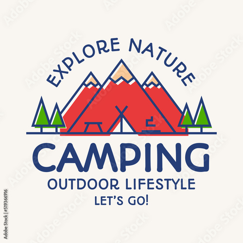 Camping card color line style consisting of mountains, tent, fire and trees for travel badge, tourist symbol, explore emblem, expedition label, hiking sticker, climbing, poster, kids camp