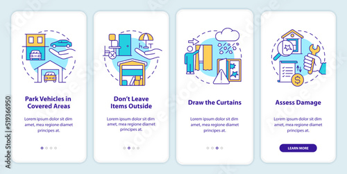Hailstorm safety onboarding mobile app screen. Park in covered areas walkthrough 4 steps editable graphic instructions with linear concepts. UI, UX, GUI template. Myriad Pro-Bold, Regular fonts used