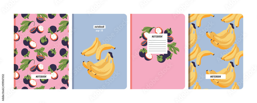 Vector illustartion templates cover pages for notebooks, planners, brochures, books, catalogs. Fruits wallpapers with with mangosteen and banana.