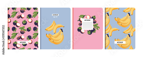 Vector illustartion templates cover pages for notebooks, planners, brochures, books, catalogs. Fruits wallpapers with with mangosteen and banana.