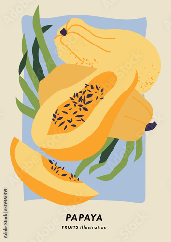 Vector illustration poster with papaya fruit. Art for postcards, wall art, banner, background.
