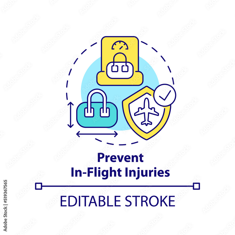 Prevent in-flight injuries concept icon. Passenger safety tip abstract idea thin line illustration. Good maintenance. Isolated outline drawing. Editable stroke. Arial, Myriad Pro-Bold fonts used Prevent in-flight injuries concept icon. Passenger safety tip abstract idea thin line illustration. Good maintenance. Isolated outline drawing. Editable stroke. Arial, Myriad Pro-Bold fonts used
