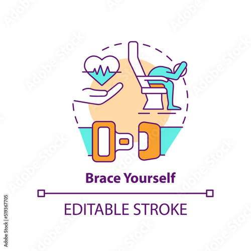 Brace yourself concept icon. Surviving air accident abstract idea thin line illustration. Fully flexed passenger position. Isolated outline drawing. Editable stroke. Arial, Myriad Pro-Bold fonts used