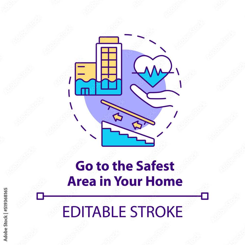 Go to safest area in home concept icon. Disaster preparedness abstract idea thin line illustration. Safe shelter. Isolated outline drawing. Editable stroke. Arial, Myriad Pro-Bold fonts used