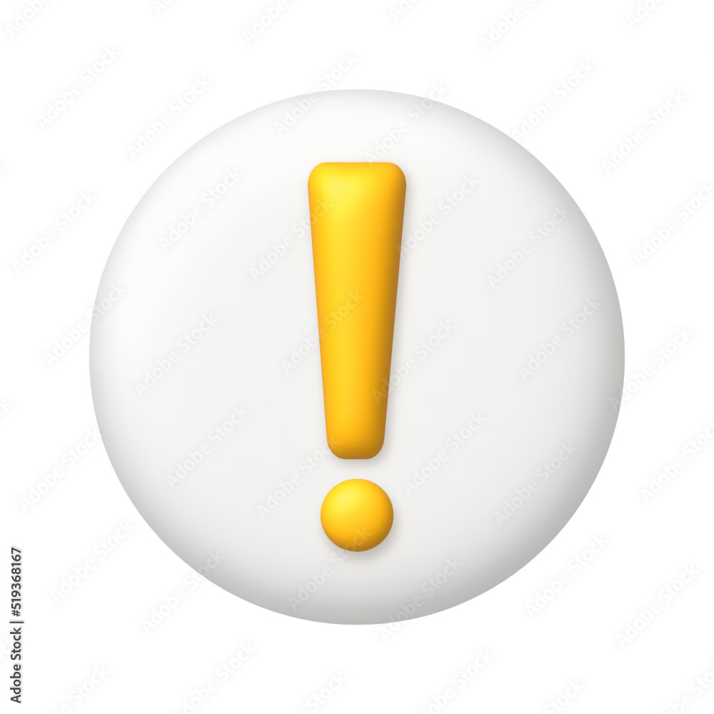 Yellow exclamation mark symbol on white button. Attention or caution sign icon. 3d realistic vector design element. Yellow exclamation mark symbol on white button. Attention or caution sign icon. 3d realistic vector design element.