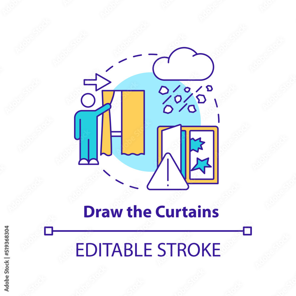 Draw curtains concept icon. Staying safe during hailstorm abstract idea thin line illustration. Keeping drapes closed. Isolated outline drawing. Editable stroke. Arial, Myriad Pro-Bold fonts used Draw curtains concept icon. Staying safe during hailstorm abstract idea thin line illustration. Keeping drapes closed. Isolated outline drawing. Editable stroke. Arial, Myriad Pro-Bold fonts used