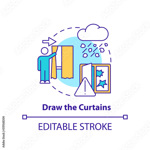 Draw curtains concept icon. Staying safe during hailstorm abstract idea thin line illustration. Keeping drapes closed. Isolated outline drawing. Editable stroke. Arial, Myriad Pro-Bold fonts used