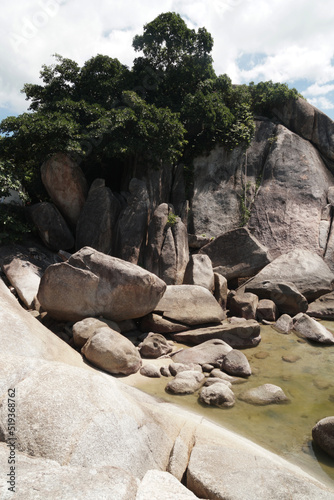 Landscape Nature beautiful rock of Hin Ta Hin Yai or Grandfather and Grandmother Rocks is located in Lamai beach Samui island Thailand - Storied natural rock resemblance to male female genitalia.