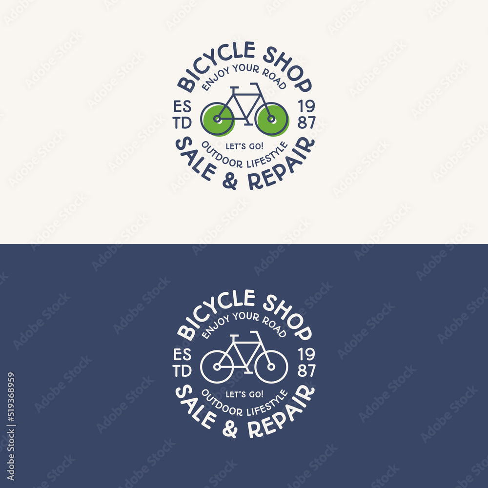 Bicycle shop logo set color and line style consisting of bike and sign sale and repair for explore emblem, travel badge, sport label, tourist symbol, service sticker, poster, kids camp, tour, rental