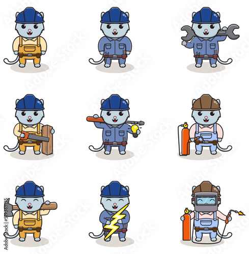 Vector illustration of Cat Construction, builder, electrician, welder and handymen cartoon. Cute Cat engineers workers, builders characters isolated cartoon illustration.