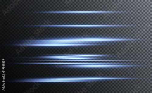 Blue horizontal lens flares pack. Laser beams, horizontal light rays.Beautiful light flares. Glowing streaks on dark background. Collection effect light blue line png.