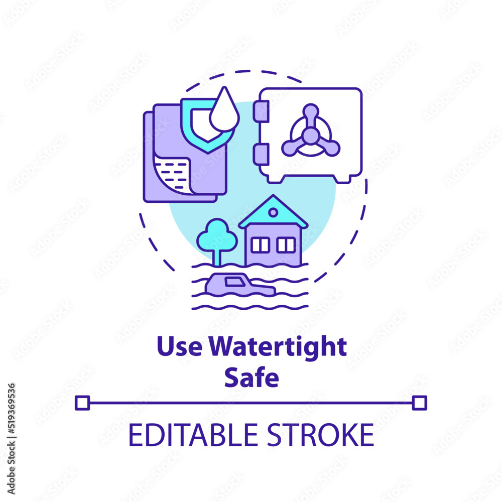 Use watertight safe concept icon. Flood safety measure abstract idea thin line illustration. Water-resistant technology. Isolated outline drawing. Editable stroke. Arial, Myriad Pro-Bold fonts used Use watertight safe concept icon. Flood safety measure abstract idea thin line illustration. Water-resistant technology. Isolated outline drawing. Editable stroke. Arial, Myriad Pro-Bold fonts used